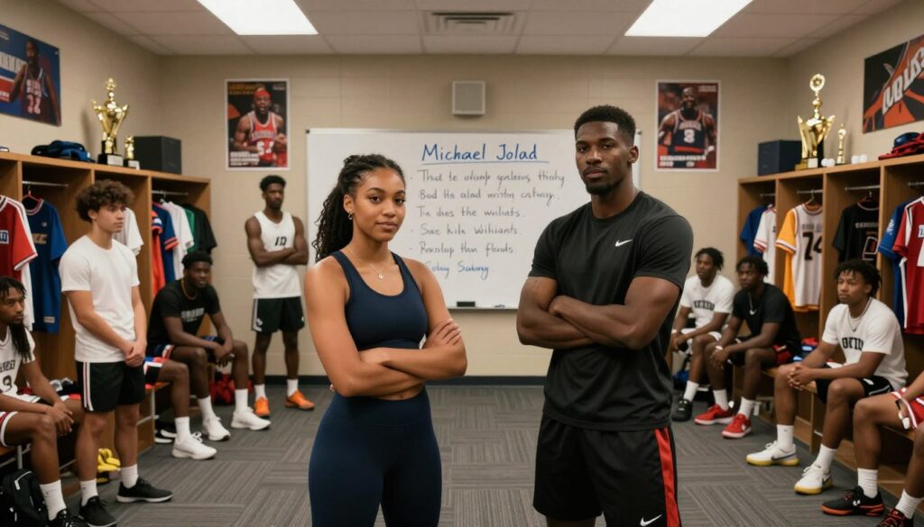 A dynamic sports locker room scene focusing on a diverse group of young athletes, representing the next generation of leaders. In the foreground, a confident young woman and a determined young man stand together, both in sleek athletic wear, embodying teamwork and leadership. In the middle, a whiteboard displays inspirational quotes from legendary sports figures like Michael Jordan and Serena Williams, emphasizing mentorship. The background reveals locker shelves lined with jerseys and trophies, with motivational posters on the walls. Soft, warm lighting illuminates the space, creating an inviting atmosphere, while a wide-angle view captures the energy of the room. The overall mood is one of ambition, unity, and inspiration, symbolizing the emergence of future sports leaders. A dynamic sports locker room scene focusing on a diverse group of young athletes, representing the next generation of leaders. In the foreground, a confident young woman and a determined young man stand together, both in sleek athletic wear, embodying teamwork and leadership. In the middle, a whiteboard displays inspirational quotes from legendary sports figures like Michael Jordan and Serena Williams, emphasizing mentorship. The background reveals locker shelves lined with jerseys and trophies, with motivational posters on the walls. Soft, warm lighting illuminates the space, creating an inviting atmosphere, while a wide-angle view captures the energy of the room. The overall mood is one of ambition, unity, and inspiration, symbolizing the emergence of future sports leaders.