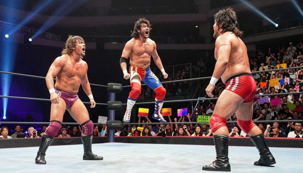 A dynamic wrestling arena filled with excitement, showcasing an impressive moment from wrestling history. In the foreground, two legendary wrestlers in vibrant, professional wrestling attire display expressions of shock and excitement as they face unexpected surprise entrants. The middle background features a packed audience with colorful signs, all illuminated by bright spotlights casting dramatic shadows. The wrestlers are dramatically posed, one leaping into the ring while the other stands astonished. The atmosphere is electric, filled with energy and anticipation, highlighted by colorful lighting that reflects the vibrant spirit of wrestling. The camera angle is slightly elevated to capture the intensity of the moment, emphasizing the surprise and emotion that comes with unexpected comebacks. A dynamic wrestling arena filled with excitement, showcasing an impressive moment from wrestling history. In the foreground, two legendary wrestlers in vibrant, professional wrestling attire display expressions of shock and excitement as they face unexpected surprise entrants. The middle background features a packed audience with colorful signs, all illuminated by bright spotlights casting dramatic shadows. The wrestlers are dramatically posed, one leaping into the ring while the other stands astonished. The atmosphere is electric, filled with energy and anticipation, highlighted by colorful lighting that reflects the vibrant spirit of wrestling. The camera angle is slightly elevated to capture the intensity of the moment, emphasizing the surprise and emotion that comes with unexpected comebacks.