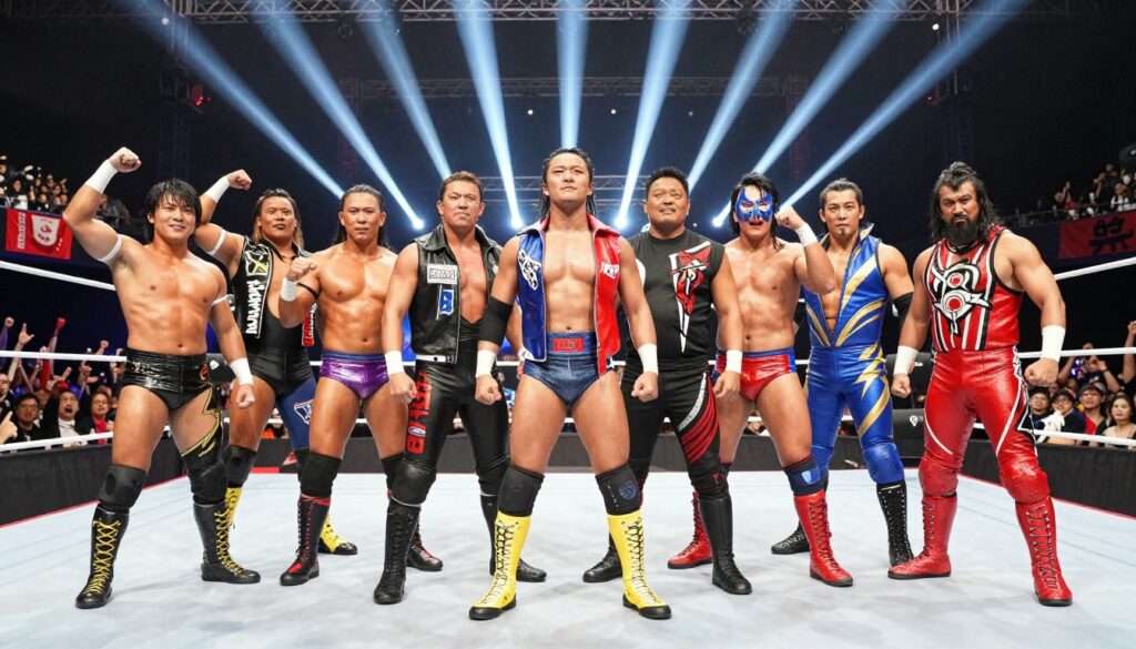 A dynamic wrestling arena scene featuring powerful wrestling factions engaged in a dramatic showdown. In the foreground, a diverse group of wrestlers, dressed in colorful, professional wrestling attire, confidently poses to showcase their unity and strength. Each wrestler displays distinct characteristics, symbolizing their unique faction affiliations, from intimidating poses to heroic stances. The middle ground showcases a lively crowd, cheering and waving banners, adding to the atmosphere of excitement and tension. In the background, bright spotlight beams illuminate the ring, enhancing the dramatic effect, while dynamic camera angles capture the intensity of the moment. The overall mood is electric and tense, highlighting the power dynamics and alliances that shape wrestling narratives. A dynamic wrestling arena scene featuring powerful wrestling factions engaged in a dramatic showdown. In the foreground, a diverse group of wrestlers, dressed in colorful, professional wrestling attire, confidently poses to showcase their unity and strength. Each wrestler displays distinct characteristics, symbolizing their unique faction affiliations, from intimidating poses to heroic stances. The middle ground showcases a lively crowd, cheering and waving banners, adding to the atmosphere of excitement and tension. In the background, bright spotlight beams illuminate the ring, enhancing the dramatic effect, while dynamic camera angles capture the intensity of the moment. The overall mood is electric and tense, highlighting the power dynamics and alliances that shape wrestling narratives.