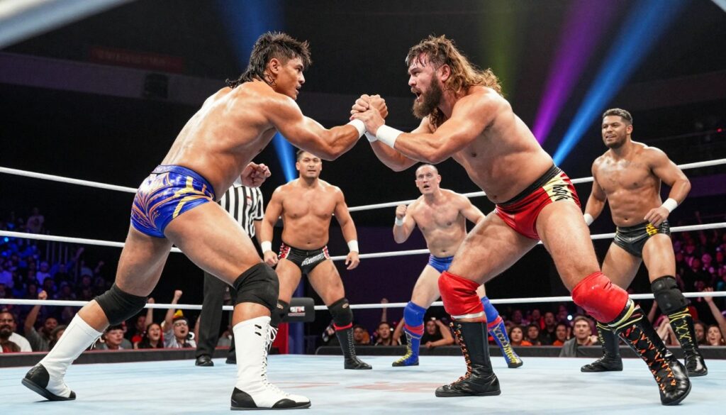A dynamic wrestling scene featuring a diverse group of professional wrestlers in vibrant ring attire, showcasing their strength and determination. In the foreground, two contenders are engaged in an intense face-off, exuding focus and confidence, with muscles tensed and expressions fierce. In the middle ground, a cheering crowd is visible, their energy evident in the blurred movement, creating a sense of momentum. In the background, colorful spotlights illuminate the wrestling ring, casting dramatic shadows. The atmosphere is electrifying, filled with anticipation, captured from a low angle to emphasize the wrestlers’ stature. The lighting is bright and dramatic, highlighting the wrestlers' athletic build and the excitement of the competition. Ideal for conveying the essence of "contenders" and "momentum." A dynamic wrestling scene featuring a diverse group of professional wrestlers in vibrant ring attire, showcasing their strength and determination. In the foreground, two contenders are engaged in an intense face-off, exuding focus and confidence, with muscles tensed and expressions fierce. In the middle ground, a cheering crowd is visible, their energy evident in the blurred movement, creating a sense of momentum. In the background, colorful spotlights illuminate the wrestling ring, casting dramatic shadows. The atmosphere is electrifying, filled with anticipation, captured from a low angle to emphasize the wrestlers’ stature. The lighting is bright and dramatic, highlighting the wrestlers' athletic build and the excitement of the competition. Ideal for conveying the essence of "contenders" and "momentum."