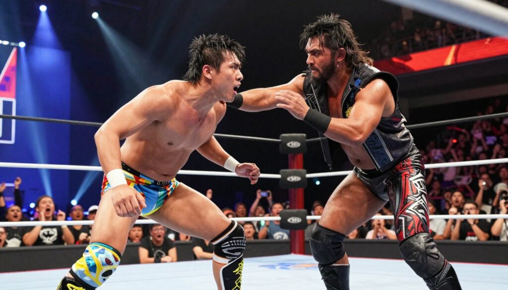 A dynamic wrestling scene featuring two professional wrestlers engaged in a dramatic heel turn and face turn. In the foreground, one wrestler, dressed in bright, flashy wrestling gear, displays an expression of surprise as he confronts the other, who is now wearing a darker, more menacing outfit, symbolizing their shift to a villainous role. The middle ground captures the energetic crowd with varied expressions of shock and excitement. The background showcases a vibrant wrestling ring illuminated with dramatic spotlights, emphasizing the moment's intensity. The atmosphere is electric, filled with an impending sense of change and psychological tension, shot from a slightly low angle to enhance the action. Soft, focused lighting draws attention to the wrestlers’ emotional expressions, evoking the psychological undercurrents of their turns. A dynamic wrestling scene featuring two professional wrestlers engaged in a dramatic heel turn and face turn. In the foreground, one wrestler, dressed in bright, flashy wrestling gear, displays an expression of surprise as he confronts the other, who is now wearing a darker, more menacing outfit, symbolizing their shift to a villainous role. The middle ground captures the energetic crowd with varied expressions of shock and excitement. The background showcases a vibrant wrestling ring illuminated with dramatic spotlights, emphasizing the moment's intensity. The atmosphere is electric, filled with an impending sense of change and psychological tension, shot from a slightly low angle to enhance the action. Soft, focused lighting draws attention to the wrestlers’ emotional expressions, evoking the psychological undercurrents of their turns.