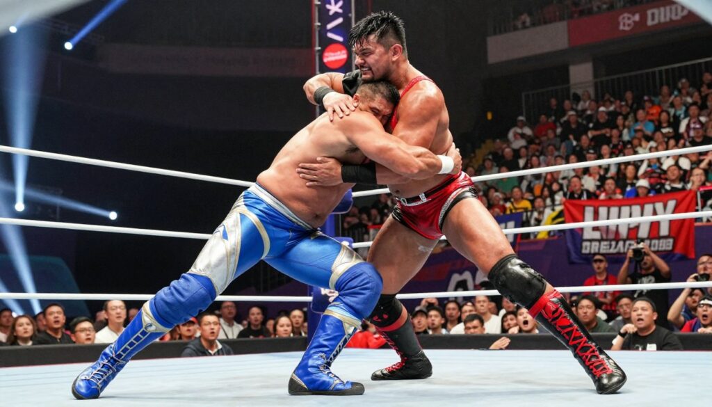 A dynamic wrestling scene showcasing intense clashes between two muscular, professional wrestlers in a colorful, crowded arena. In the foreground, one wrestler, wearing a vibrant blue and silver costume, executes a powerful body slam on his rival, who is clad in a striking red and black outfit. Their expressions convey fierce determination and rivalry. In the middle ground, a diverse audience is on their feet, reacting passionately, with some holding banners in support of their favorite wrestlers. The background features bright arena lights casting dramatic shadows, creating a high-energy atmosphere. The image is shot from a low angle, emphasizing the wrestlers' stature, capturing the excitement and intensity of the moment. The overall mood is charged and electric, reflecting the spirit of wrestling rivalries. A dynamic wrestling scene showcasing intense clashes between two muscular, professional wrestlers in a colorful, crowded arena. In the foreground, one wrestler, wearing a vibrant blue and silver costume, executes a powerful body slam on his rival, who is clad in a striking red and black outfit. Their expressions convey fierce determination and rivalry. In the middle ground, a diverse audience is on their feet, reacting passionately, with some holding banners in support of their favorite wrestlers. The background features bright arena lights casting dramatic shadows, creating a high-energy atmosphere. The image is shot from a low angle, emphasizing the wrestlers' stature, capturing the excitement and intensity of the moment. The overall mood is charged and electric, reflecting the spirit of wrestling rivalries.