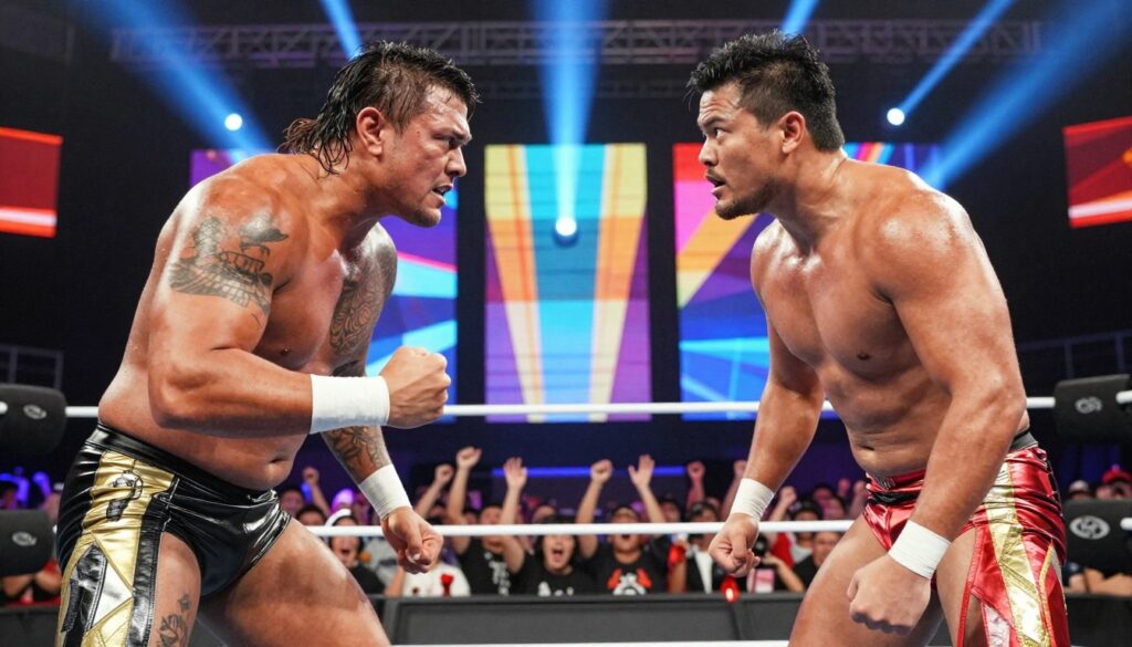A dynamic wrestling scene showcasing two diverse wrestlers in professional attire, deeply focused on each other, conveying tension and rivalry. In the foreground, one wrestler, a muscular individual with tattoos, clenches their fists, showcasing a fierce expression. The other wrestler, a leaner figure with a defined posture, portrays determination, their eyes intent. In the middle ground, a cheering crowd with raising hands and excitement enhances the atmosphere, while bright arena lights create dramatic shadows. In the background, a vibrant wrestling ring with colorful banners amplifies the emotion. The lighting is intense and colorful, emphasizing the wrestlers’ expressions, creating a spirited and competitive mood, reflecting the strategic motivations and alliances within wrestling feuds. A dynamic wrestling scene showcasing two diverse wrestlers in professional attire, deeply focused on each other, conveying tension and rivalry. In the foreground, one wrestler, a muscular individual with tattoos, clenches their fists, showcasing a fierce expression. The other wrestler, a leaner figure with a defined posture, portrays determination, their eyes intent. In the middle ground, a cheering crowd with raising hands and excitement enhances the atmosphere, while bright arena lights create dramatic shadows. In the background, a vibrant wrestling ring with colorful banners amplifies the emotion. The lighting is intense and colorful, emphasizing the wrestlers’ expressions, creating a spirited and competitive mood, reflecting the strategic motivations and alliances within wrestling feuds.