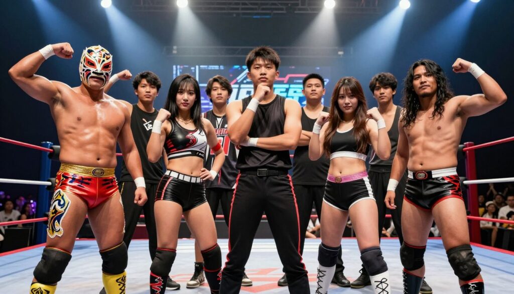 A vibrant scene featuring a diverse group of wrestling newcomers standing together in a dynamic pose, showcasing their unique styles and national identities. In the foreground, a muscular wrestler with a traditional lucha libre mask and colorful attire flexes confidently, while next to him, a female athlete in a sleek, professional wrestling outfit displays a powerful stance. In the middle, another wrestler dressed in a modern sports uniform is striking a thoughtful pose, contemplating the upcoming competitions. The background features a dimly lit wrestling ring with bright spotlights casting dramatic shadows, creating an electrifying atmosphere. Use a wide-angle lens to capture the intensity of their expressions, with a soft bokeh effect on the audience in the distance. The overall mood should be one of anticipation and excitement for their upcoming debuts. A vibrant scene featuring a diverse group of wrestling newcomers standing together in a dynamic pose, showcasing their unique styles and national identities. In the foreground, a muscular wrestler with a traditional lucha libre mask and colorful attire flexes confidently, while next to him, a female athlete in a sleek, professional wrestling outfit displays a powerful stance. In the middle, another wrestler dressed in a modern sports uniform is striking a thoughtful pose, contemplating the upcoming competitions. The background features a dimly lit wrestling ring with bright spotlights casting dramatic shadows, creating an electrifying atmosphere. Use a wide-angle lens to capture the intensity of their expressions, with a soft bokeh effect on the audience in the distance. The overall mood should be one of anticipation and excitement for their upcoming debuts.