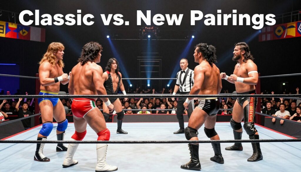 A vibrant wrestling scene capturing the essence of "Classic vs. New Pairings" in tag teams. In the foreground, two tag teams face off: one features classic wrestlers in colorful, retro gear, exuding nostalgia, while the other showcases modern wrestlers in sleek, contemporary outfits, highlighting their energy and athleticism. The middle ground is filled with a wrestling ring, with the ropes tightly drawn and the canvas illuminated under bright spotlighting, creating a dramatic effect. In the background, an enthusiastic crowd is visible, raising their hands in anticipation, while colorful banners and lights add to the electrifying atmosphere. The overall mood is dynamic and competitive, emphasizing the chemistry between diverse wrestling styles. The image is captured from a slightly elevated angle, allowing for an expansive view of the action. A vibrant wrestling scene capturing the essence of "Classic vs. New Pairings" in tag teams. In the foreground, two tag teams face off: one features classic wrestlers in colorful, retro gear, exuding nostalgia, while the other showcases modern wrestlers in sleek, contemporary outfits, highlighting their energy and athleticism. The middle ground is filled with a wrestling ring, with the ropes tightly drawn and the canvas illuminated under bright spotlighting, creating a dramatic effect. In the background, an enthusiastic crowd is visible, raising their hands in anticipation, while colorful banners and lights add to the electrifying atmosphere. The overall mood is dynamic and competitive, emphasizing the chemistry between diverse wrestling styles. The image is captured from a slightly elevated angle, allowing for an expansive view of the action.