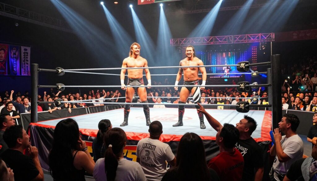 In a bustling wrestling arena, capture the moment of surprise entrants making their dramatic debut. In the foreground, a mix of surprised spectators with varied expressions of excitement and disbelief, some standing and others pointing towards the ring. In the middle ground, the wrestling ring itself illuminated by dynamic spotlights, with two iconic wrestlers in professional attire entering, one mid-pose with a confident smirk and the other looking determined. The background features a cheering crowd, vibrant banners, and a backdrop of colorful lights, enhancing the electric atmosphere. Set the scene during a night event with a slightly dimmed ambiance, focusing on the spotlights creating a dramatic contrast. Aim for a wide-angle perspective to encompass the energy and scale of the event. In a bustling wrestling arena, capture the moment of surprise entrants making their dramatic debut. In the foreground, a mix of surprised spectators with varied expressions of excitement and disbelief, some standing and others pointing towards the ring. In the middle ground, the wrestling ring itself illuminated by dynamic spotlights, with two iconic wrestlers in professional attire entering, one mid-pose with a confident smirk and the other looking determined. The background features a cheering crowd, vibrant banners, and a backdrop of colorful lights, enhancing the electric atmosphere. Set the scene during a night event with a slightly dimmed ambiance, focusing on the spotlights creating a dramatic contrast. Aim for a wide-angle perspective to encompass the energy and scale of the event.